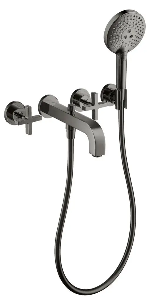 Wannenarmatur mit Kreuzgriffen und Rosetten in Schwarz-Chrom, montiert an der Wand. Hersteller AXOR. Dusche mit flexiblem Schlauch.